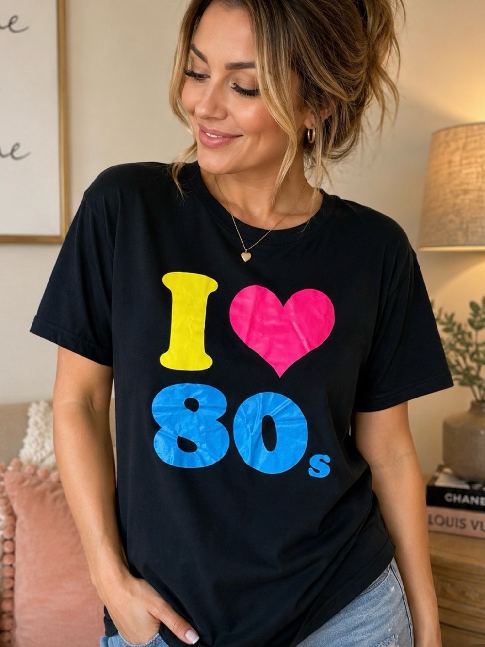 I ❤️ 80s Graphic Tee Black Retro Neon Short Sleeve T-Shirt Size XXL